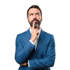 Fototapeta premium Thoughtful bearded man in blue suit pondering deeply with finger on chin isolated on transparent background