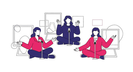 Three women with microphones sitting cross-legged, recording a podcast or panel discussion.