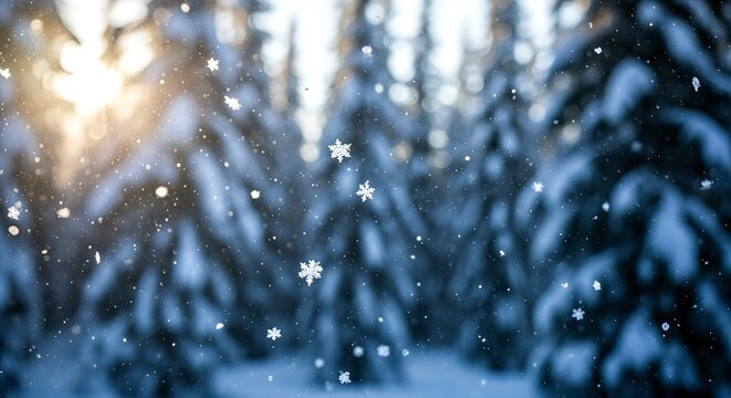 Fototapeta Blue winter landscape with a snow-covered pine tree, falling snowflakes, and rain drops on the window