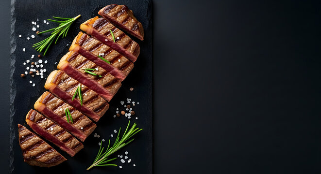 Steak daging sapi matang di atas piring hitam. Latar belakang gelap. Tampak atas. Ruang fotokopi.
