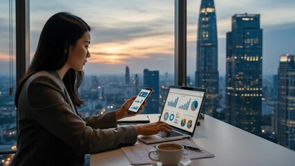 Asian businesswoman analyzing data on laptop and smartphone in modern office - Powered by Adobe
