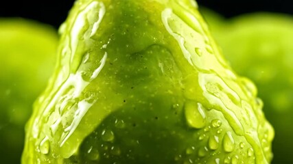 Fresh Green Apple with Water Droplets - A close-up shot showcases a vibrant green apple being washed with fresh water, resulting in numerous glistening water droplets adorning its surface. - Powered by Adobe