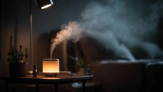 Modern ultrasonic diffuser disperses fragrant vapor beside a bed, enhancing calmness and wellness. Warm glow and gentle mist promote relaxation, mindfulness, and peaceful evening routines at home