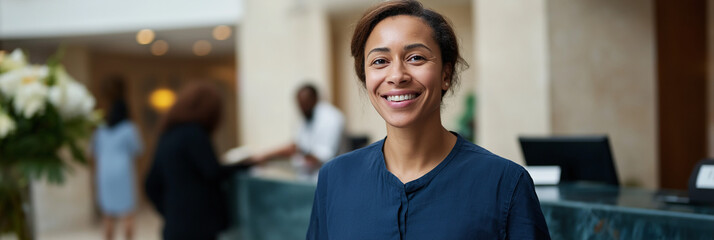 A warm smile from a receptionist in a sleek hotel lobby signifies hospitality and professionalism, setting the tone for a pleasant guest experience amid modern surroundings.