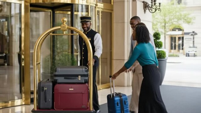 Bellhop assisting guests with luggage at a luxury hotel entrance with revolving door