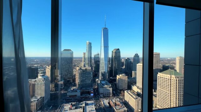 Jersey City Skyline View Through Window - A clear view of the New Jersey skyline including One World Trade Center framed by a dark window.