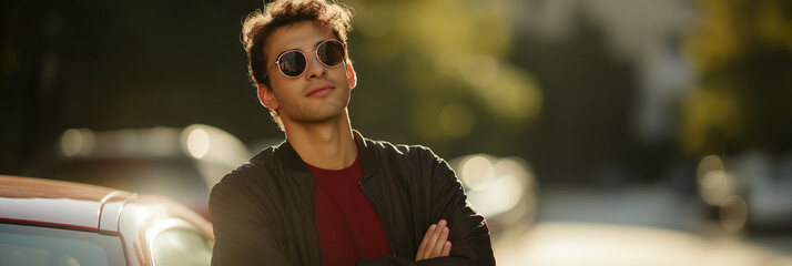 Confident young man in sunglasses stands beside a car, showcasing a stylish pose in a sunlit outdoor environment that exudes charisma and charm during a relaxed afternoon.
