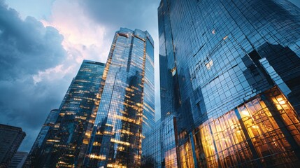 Fototapeta premium Cloudy Evening Sky with Soft Reflections on Modern Architecture in Urban Environment