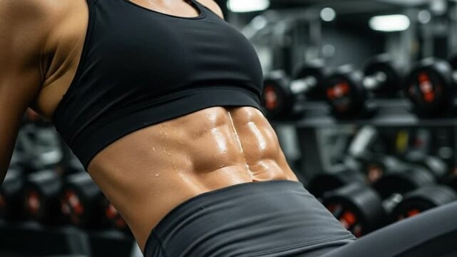 Close up of a womans toned abs after a workout in the gym with weights