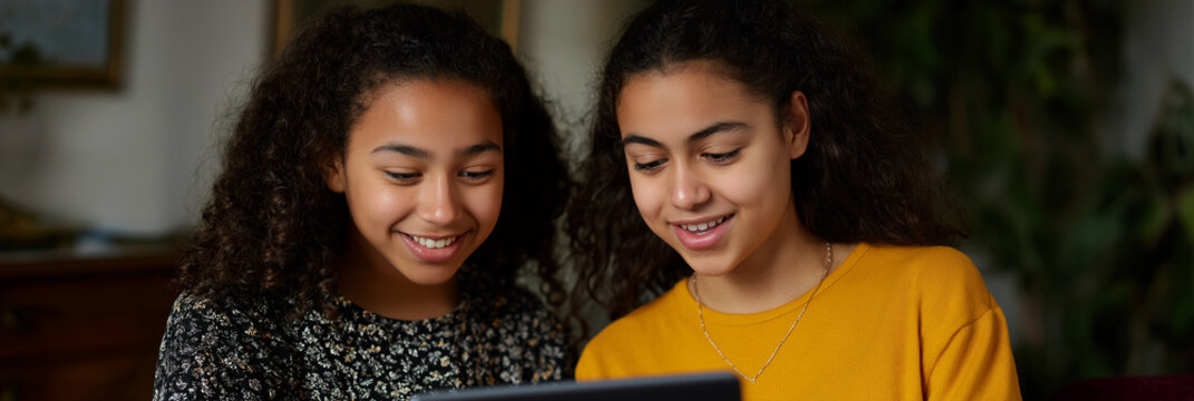 Two teenage girls share a joyful moment while interacting with a digital device, capturing the essence of friendship and modern connectivity in a cozy indoor environment.