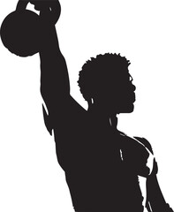 Silhouette of athlete lifting kettlebell overhead in strength pose
