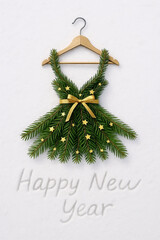Creative Christmas dress made of fir branches with golden stars and bow on snow background, “Happy New Year” text, festive winter composition