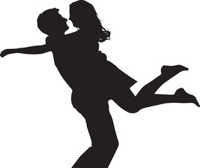 Silhouette of two people embracing joyfully in a lifted pose


