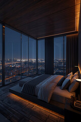 The description details a $500 million sky mansion master bedroom suite, situated 500 meters above ground, featuring panoramic electro-glass walls and an oversized smart bed. It boasts a dark wood cei