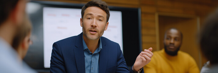 A well-dressed man actively engaging in discussion during a meeting, embodying decisiveness and leadership qualities as colleagues attentively listen, fostering collaboration.