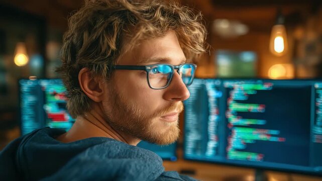 Focused developer coding with dual monitors in modern office, building cutting-edge software applications with intense concentration and modern technology