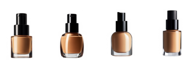 Four bottles of liquid foundation makeup in various shades isolated on transparent background