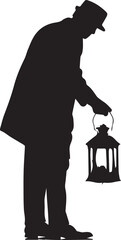 Silhouette of a person in a long coat holding a lantern in a mysterious pose
