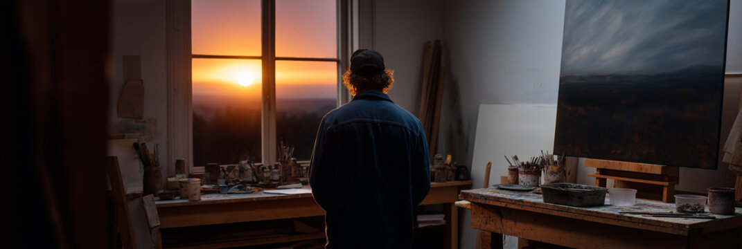An artist gazes out of a well-lit studio window at a breathtaking sunset, capturing the moment of inspiration and creativity in a contemplative atmosphere.