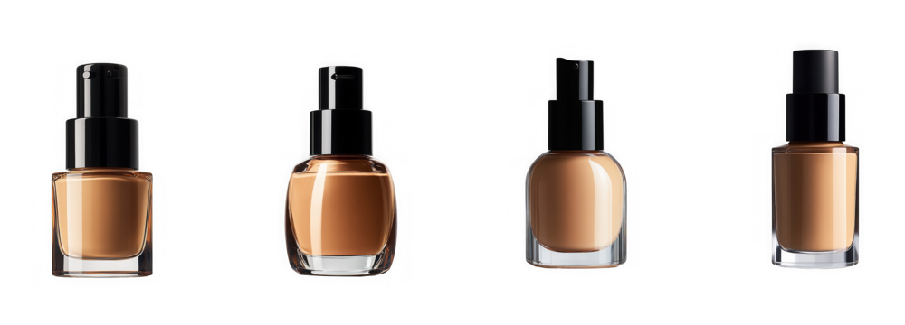 Four bottles of liquid foundation makeup in various shades isolated on transparent background
