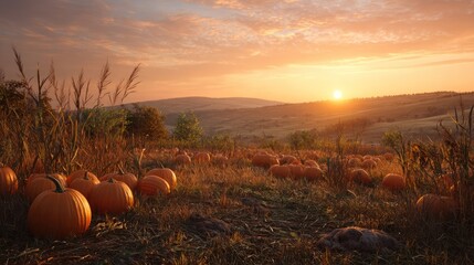 Country field with pumpkin harvest, golden sunset, cinematic ultra realistic 8k