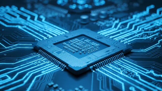 Semiconductor Chip on Circuit Board - This close-up shot features a detailed view of a semiconductor chip mounted on a circuit board, illuminated in a vibrant blue hue.