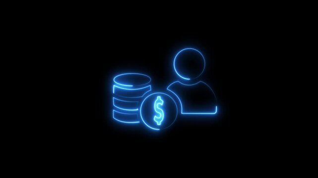 Neon outline of a person icon next to a stack of coins with a dollar sign, representing finance and savings 4k video