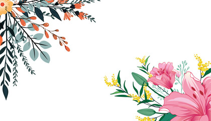 floral background with flowers. Beautiful pink floral pattern illustration with spring flowers, leaves, and a butterfly decoration