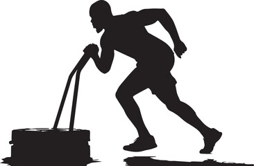 Silhouette of a person pushing a weighted sled during strength training

