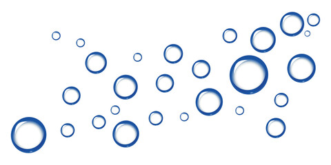 drops of water. Clean, fresh water drops and bubbles on a transparent blue glass texture illustration