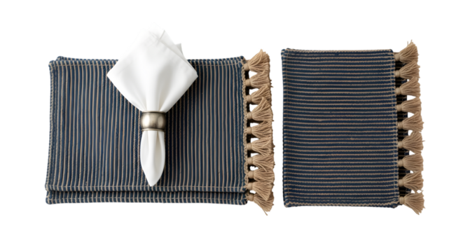 Two striped placemats with tassels isolated on transparent background - Powered by Adobe