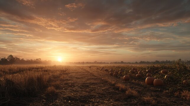 Country field with pumpkin harvest, golden sunset, cinematic ultra realistic 8k - Powered by Adobe
