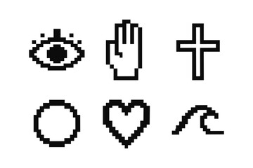 Minimalist pixel art icons: eye, hand, cross, circle, heart, wave