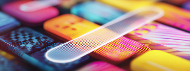 Abstract close-up of vibrant, glowing digital interface elements with patterned textures, representing data flow, connectivity, and modern technology. futuristic backdrop.