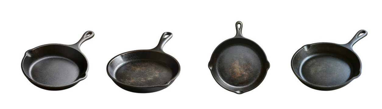 Four cast iron frying pans in various angles, isolated on transparent background