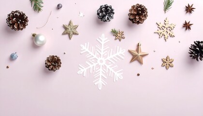 Festive Christmas Flat Lay with Pine Cones and Stars.