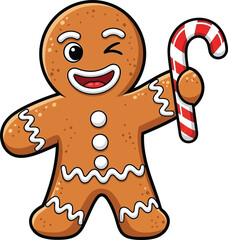 Joyful gingerbread man winks with candy cane, embodying festive holiday cheer and sweet Christmas spirit for seasonal designs.