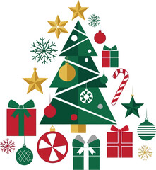 Vibrant festive Christmas tree adorned with ornaments, gifts, and candy canes, perfect for holiday celebrations and seasonal designs.