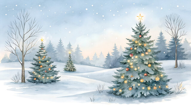 winter christmas trees landscape in watercolor style isolated on white or transparent png
