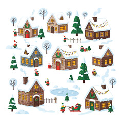Charming snow-covered village scene, festive holiday lights twinkle on cozy cottages, winter wonderland with elves and Santa.