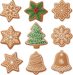 Delightful Christmas gingerbread cookies featuring festive snowflakes, evergreen trees, holly, and bells, perfect for holiday celebrations and baking.