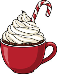 Indulge in a steaming mug of rich hot chocolate topped with creamy whipped cream and a festive candy cane, perfect for cozy winter moments.
