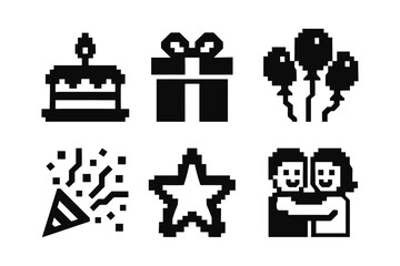 Retro pixel icons: celebrating birthdays with cakes, gifts, and balloons