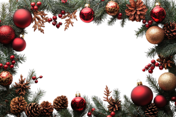 A beautiful holiday wreath featuring red and gold ornaments, pinecones, and greenery on a transparent background.