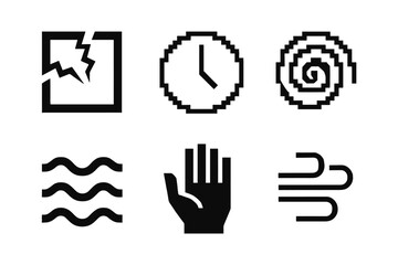 Obraz premium Minimalist black and white symbols: earthquake, time, spiral, waves, hand, wind