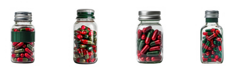Four glass bottles filled with red and green capsules, isolated on transparent background