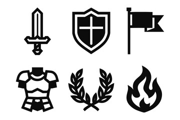 Fototapeta premium Medieval icons: sword, shield, and armor in bold silhouette style