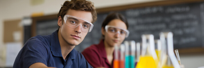 Two focused students wearing safety goggles work diligently in a vibrant chemistry lab, surrounded by colorful experiments that highlight their dedication to learning and teamwork.