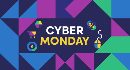 Cyber monday sale banner with geometric patterns and tech symbols