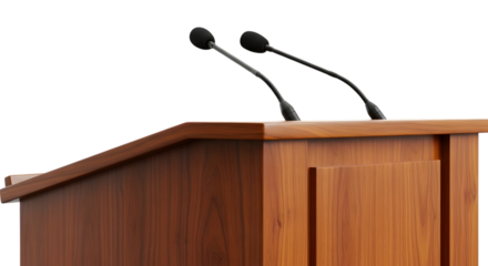 Wooden podium with microphones isolated on transparent background